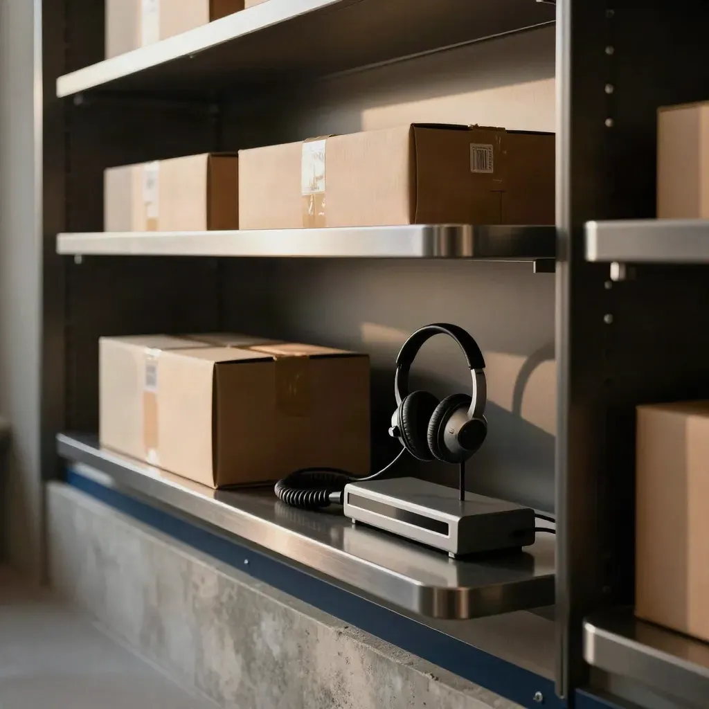 Moody project shelf with trays, sealed boxes, and a headset dock lit by a warm raking beam.