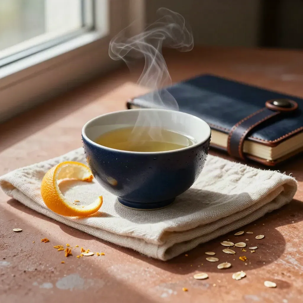 Tea bowl with citrus peel, linen napkin and closed folio on terracotta surface, steam rising