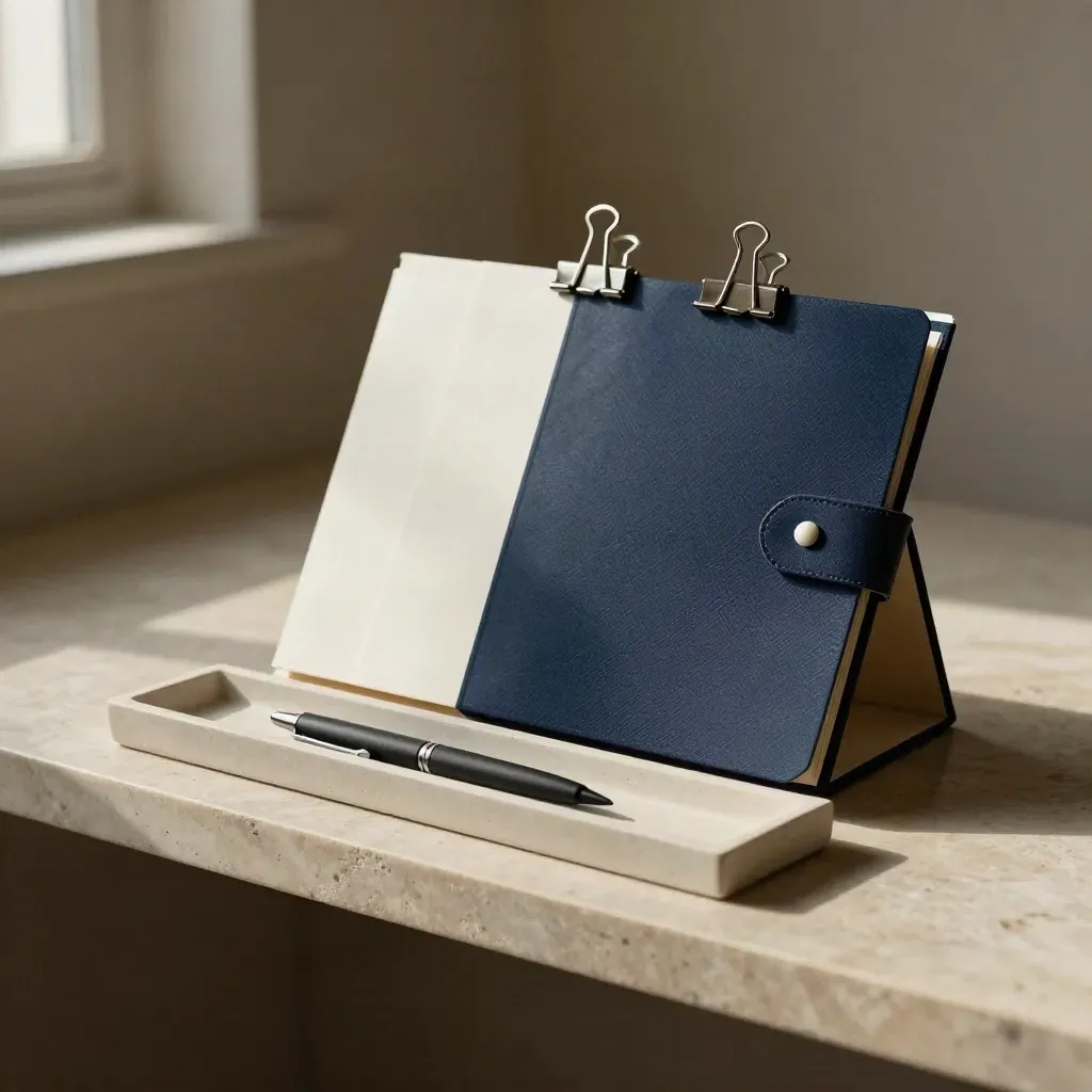 Canvas folio with dividers, clips, and pen on a shelf tray in soft light.