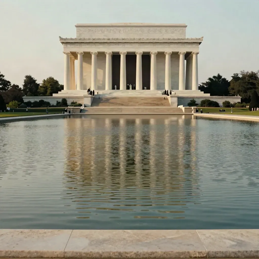 Lincoln Memorial and reflecting pool in warm haze, high in frame above a calm stone-water field.