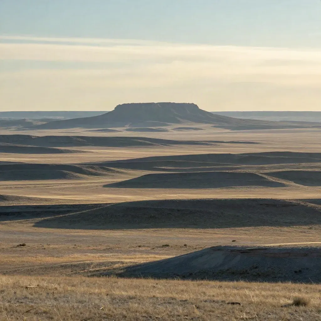 Layered prairie and distant mesa beneath a luminous dawn sky with open space below