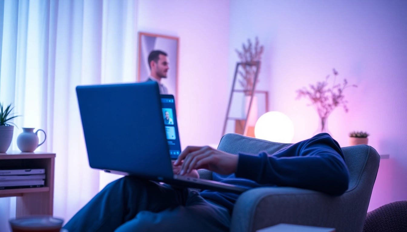 An individual engaged in an AI sex chat on a laptop, showcasing modern interaction and intimacy.