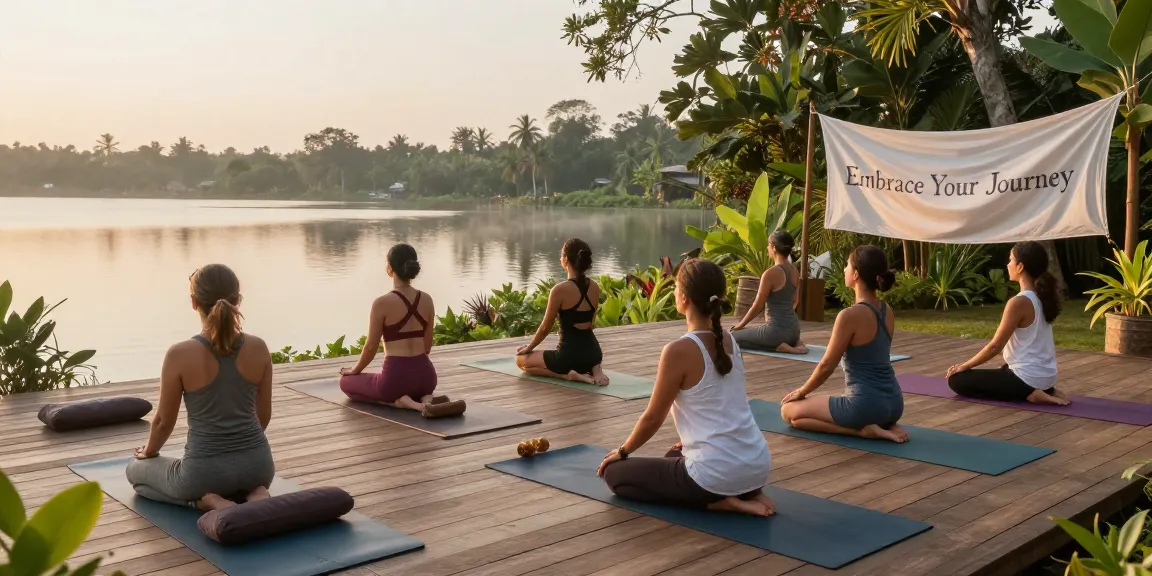 Students engaged in yin yoga teacher training in Sri Lanka, practicing on the serene lakeside deck.