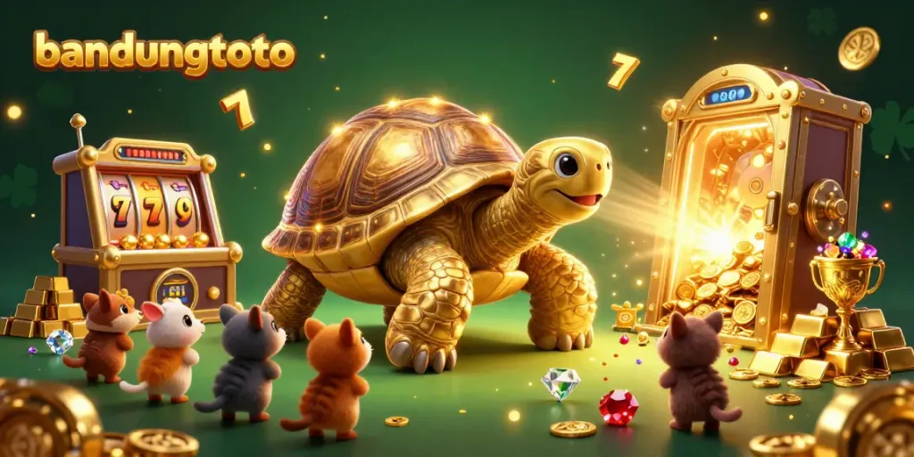 Experience bandungtoto slots with a vibrant 3D illustration featuring golden tortoise and exciting casino elements.