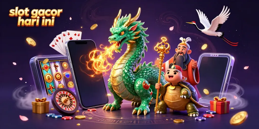 Menangkan slot gacor hari ini dengan ilustrasi fantastis dari naga dan simbol permainan kasino.