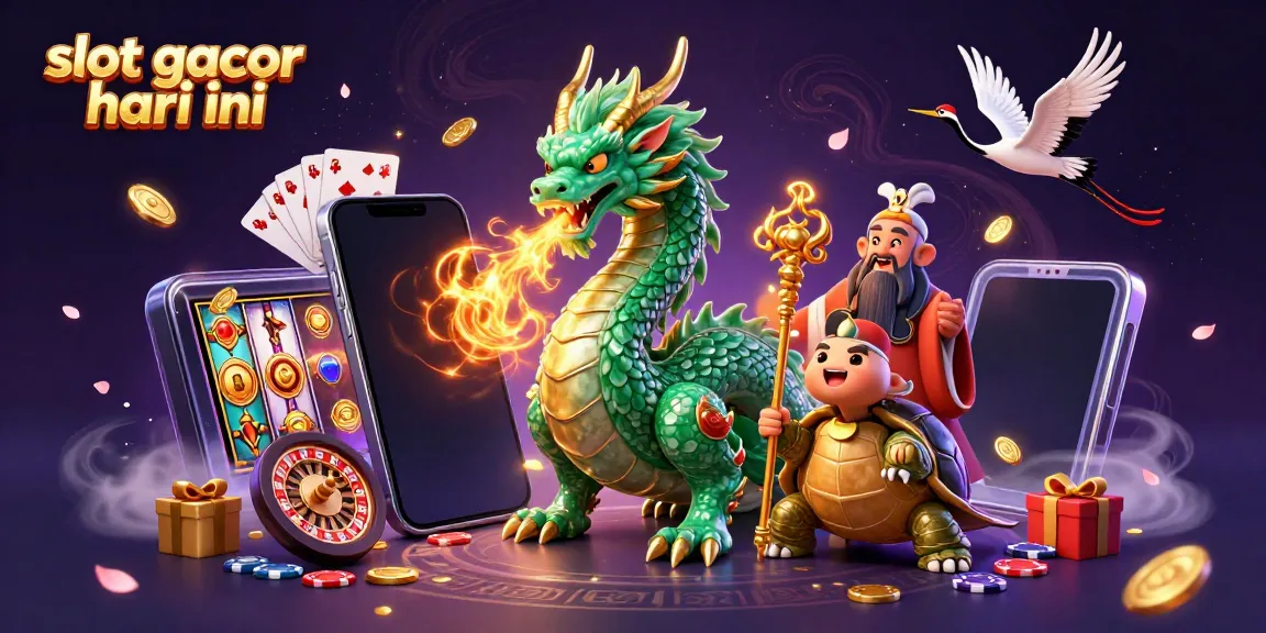 Menangkan slot gacor hari ini dengan ilustrasi fantastis dari naga dan simbol permainan kasino.