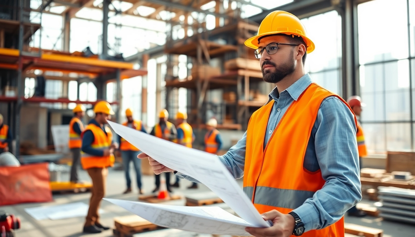 Manhattan Construction Manager coordinating a busy construction site with blueprints.