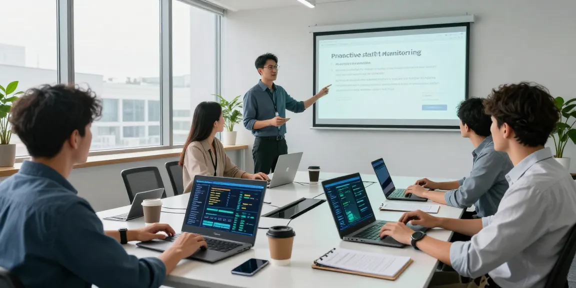IT support for businesses team collaborating in a modern office with real-time analytics on screens.