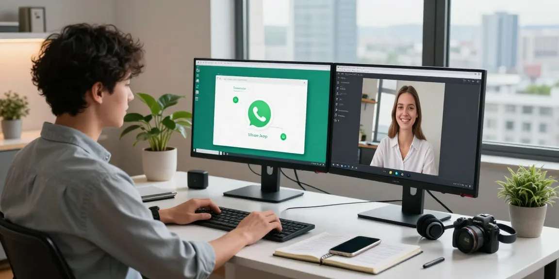 Professional using WhatsApp電腦版 in a modern home office setting with dual monitors and city view.