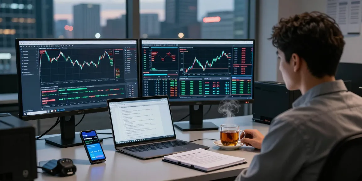 Professional forex trader using mt4 platform on multiple screens, analyzing charts and executing trades.