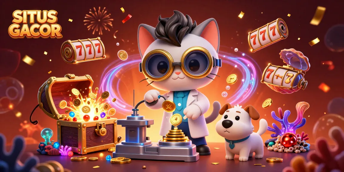 SITUS GACOR celebrates online slot gaming with cartoon characters and vibrant casino elements.