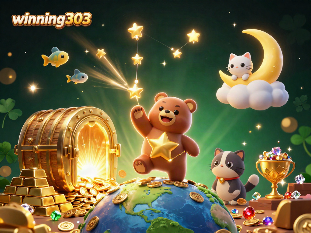 Winning303 evokes excitement with a vibrant 3D illustration of gaming elements and characters.