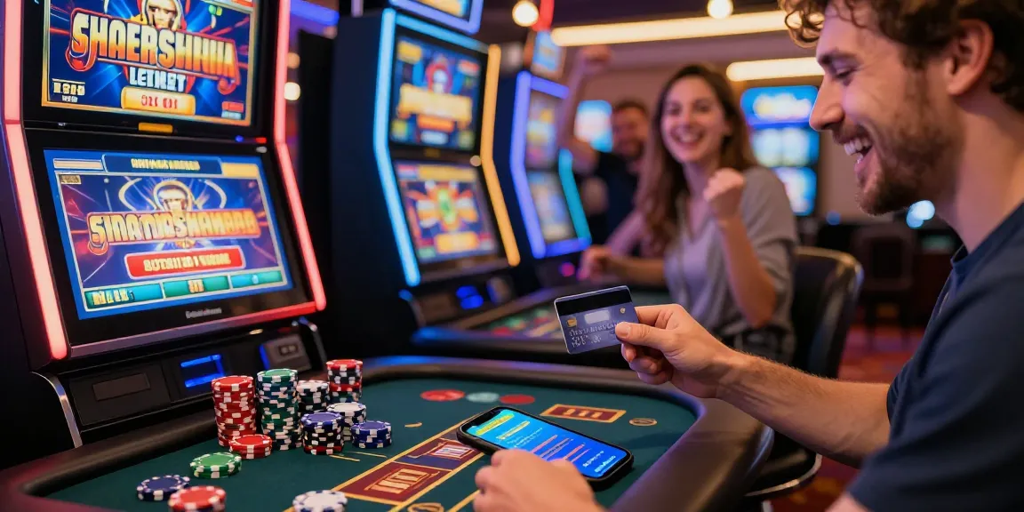 Exciting moment at casinos that accept credit cards, showing a player enjoying gaming with friends and easy deposits.