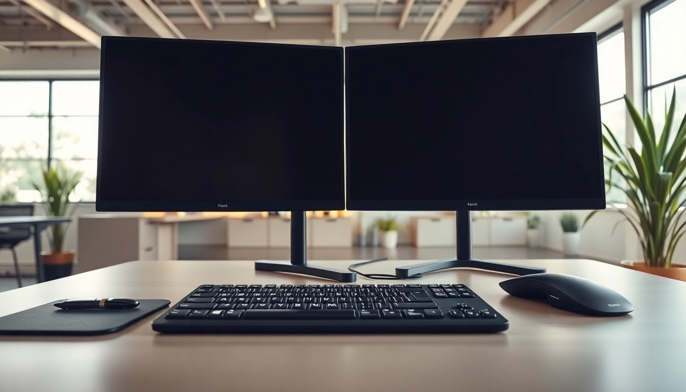 Efficient typing center with a modern desk and dual monitors enhancing productivity.