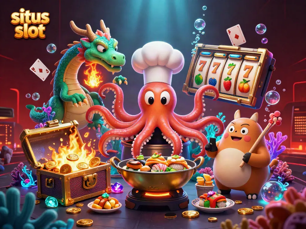 Engaging scene depicting a sushi chef octopus and friends celebrating situs slot wins amidst colorful treasures and vibrant characters.