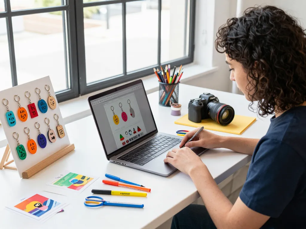 Customized keychains design process in a bright workspace, showcasing creativity and colorful samples.