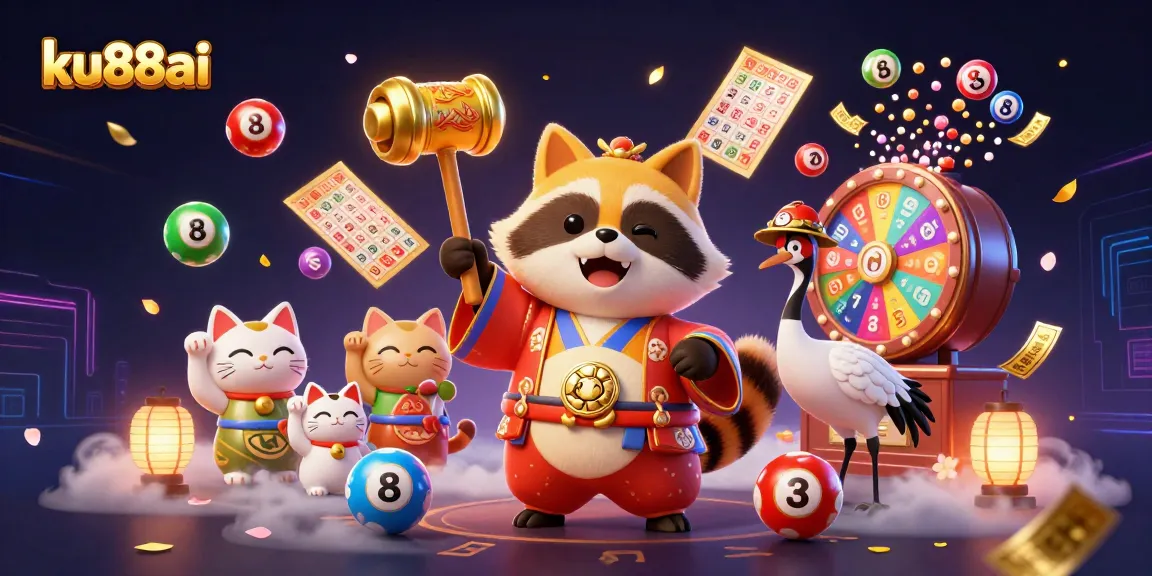 ku88ai showcases a joyful tanuki and fortune cats amidst vibrant lottery elements and gold confetti.