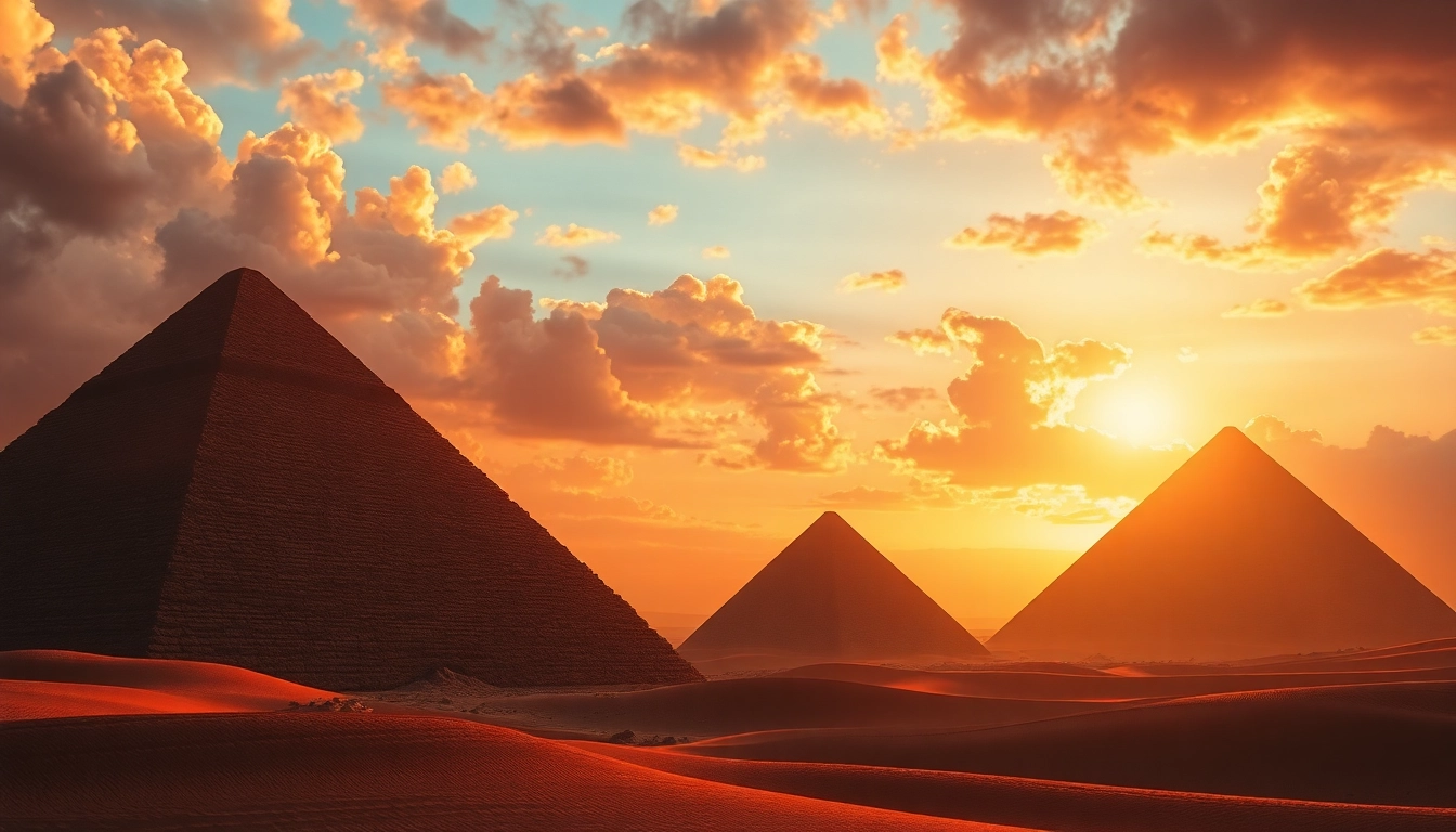 Explore the majestic piraminds set against a vivid sunset backdrop.