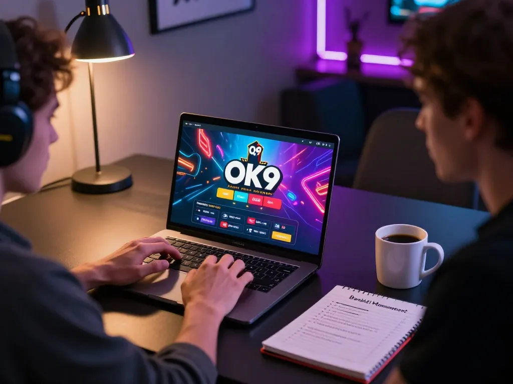 Player engaging with online casino games on OK9 platform at home, showcasing strategic gaming setup.
