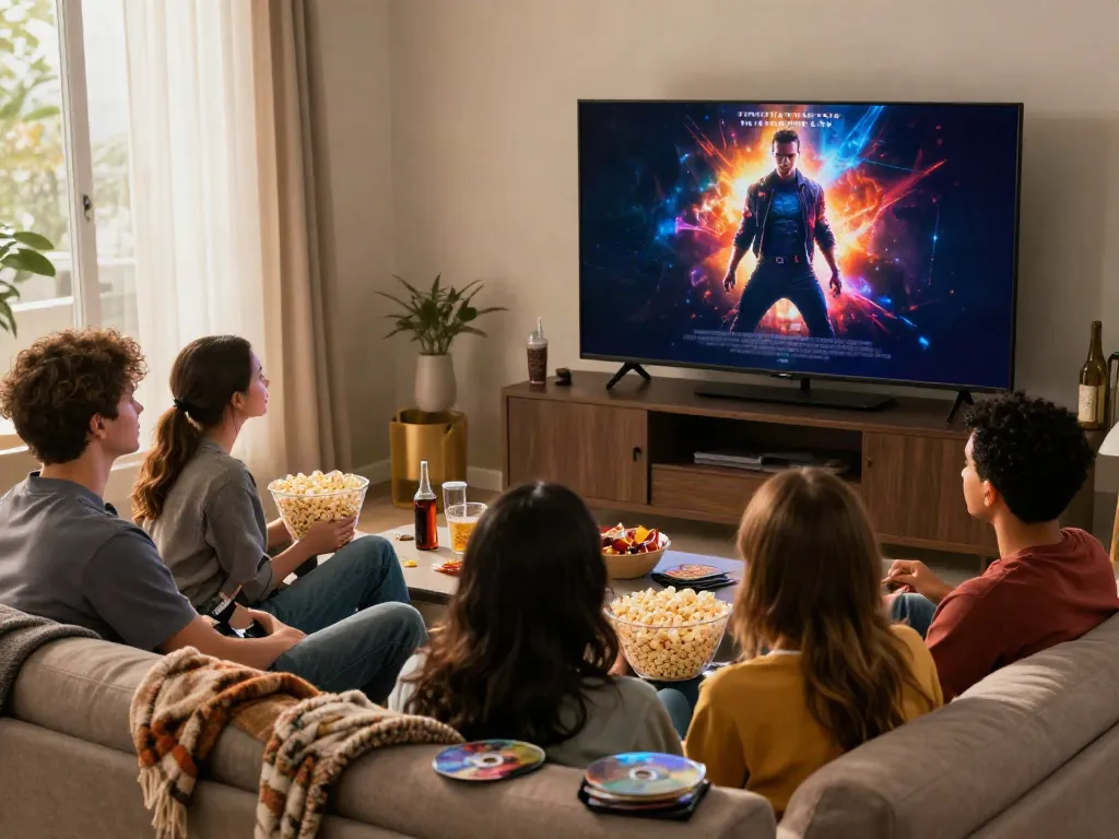 Friends enjoying movies at home with ZoeChip streaming service on TV.