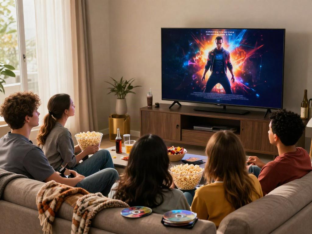 Friends enjoying movies at home with ZoeChip streaming service on TV.