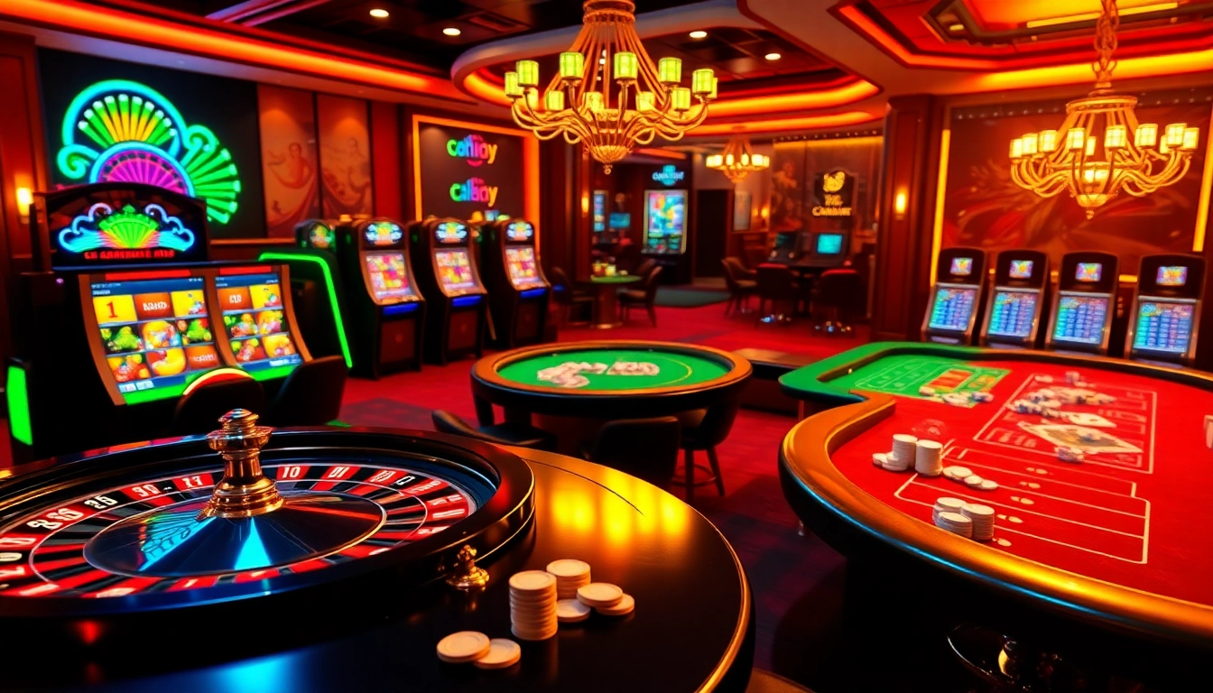 Scène captivante mettant en avant le casino en ligne avec des tables vibrantes, la roulette et des machines à sous.