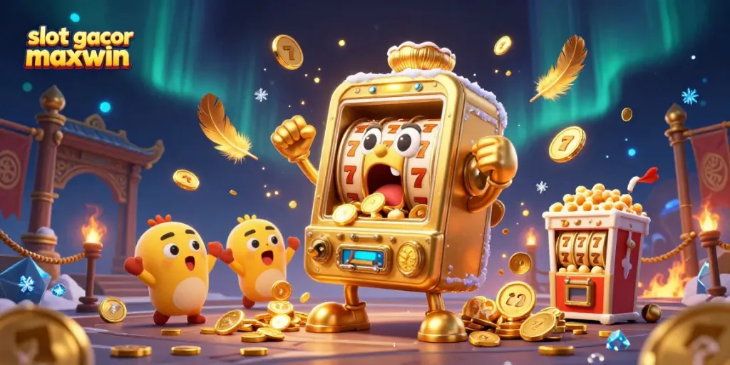 Engage with slot gacor maxwin as a golden slot machine hits a jackpot amidst cheering characters and dynamic casino elements.