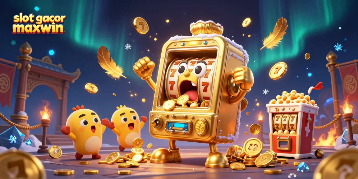 Engage with slot gacor maxwin as a golden slot machine hits a jackpot amidst cheering characters and dynamic casino elements.