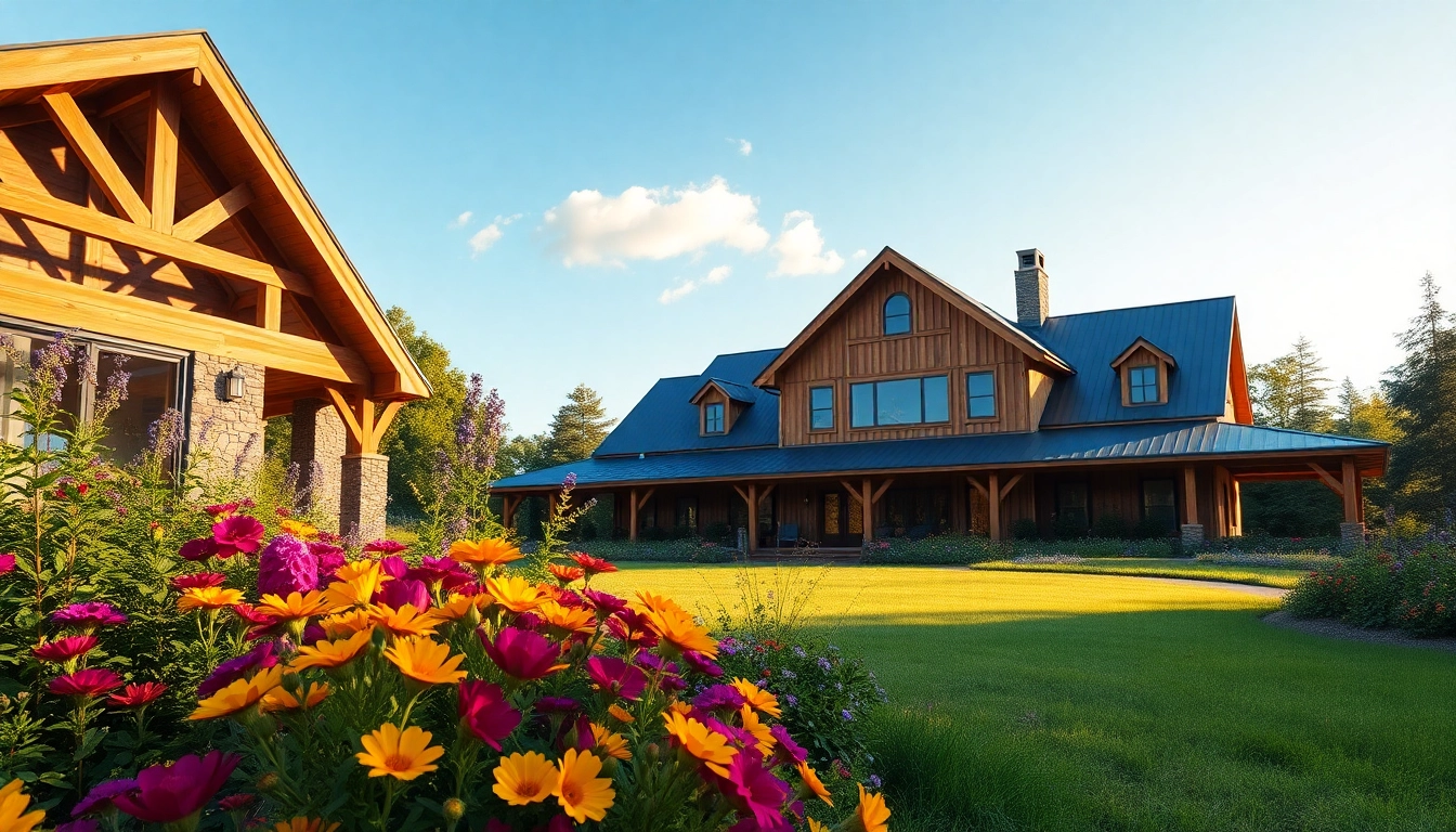 Showcasing the Winding River Farmhouse New Build with modern architecture in lush landscaping.