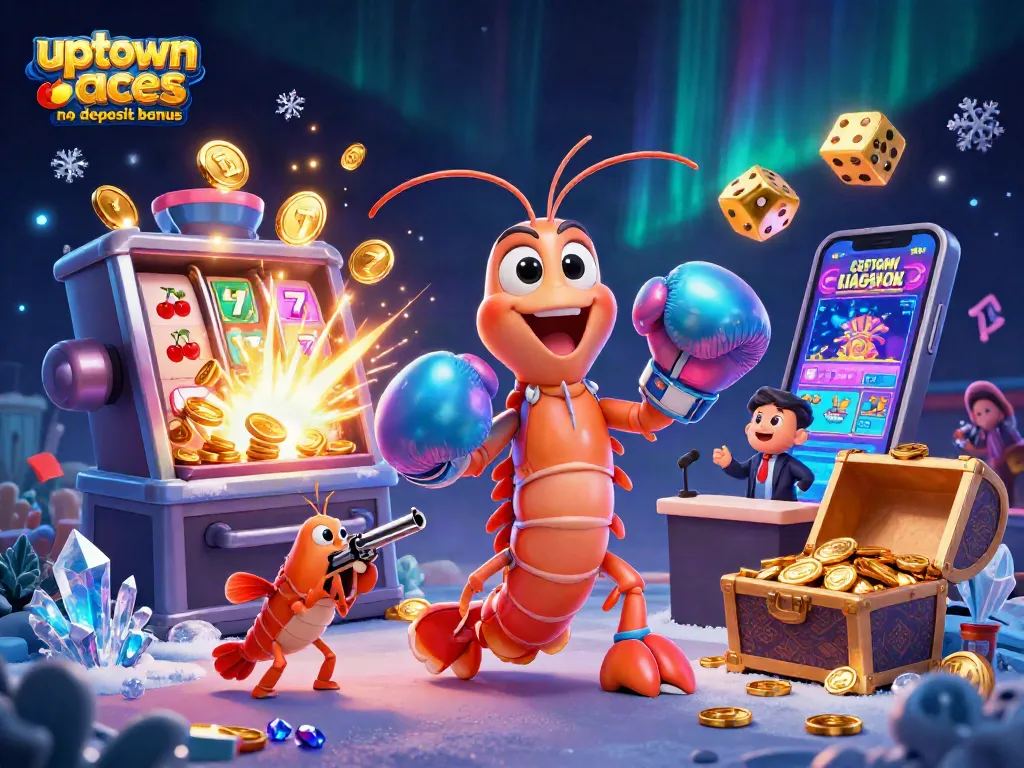 Activate the uptown aces no deposit bonus with a dynamic casino-themed illustration featuring vibrant characters and slot elements.