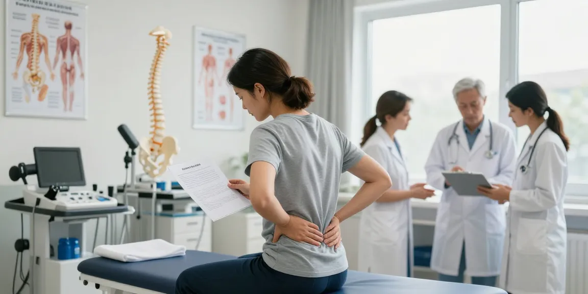 Bel fıtığı ameliyatı discussed in a modern clinic with healthcare professional and patient interaction.