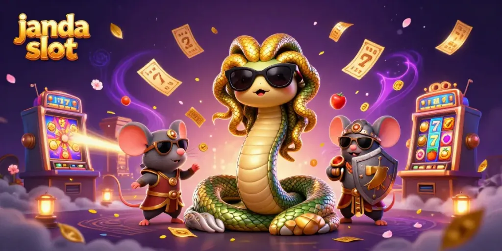 Janda slot menampilkan Medusa lucu dan mouse pejuang di dalam kasino dengan simbol permainan yang menari.