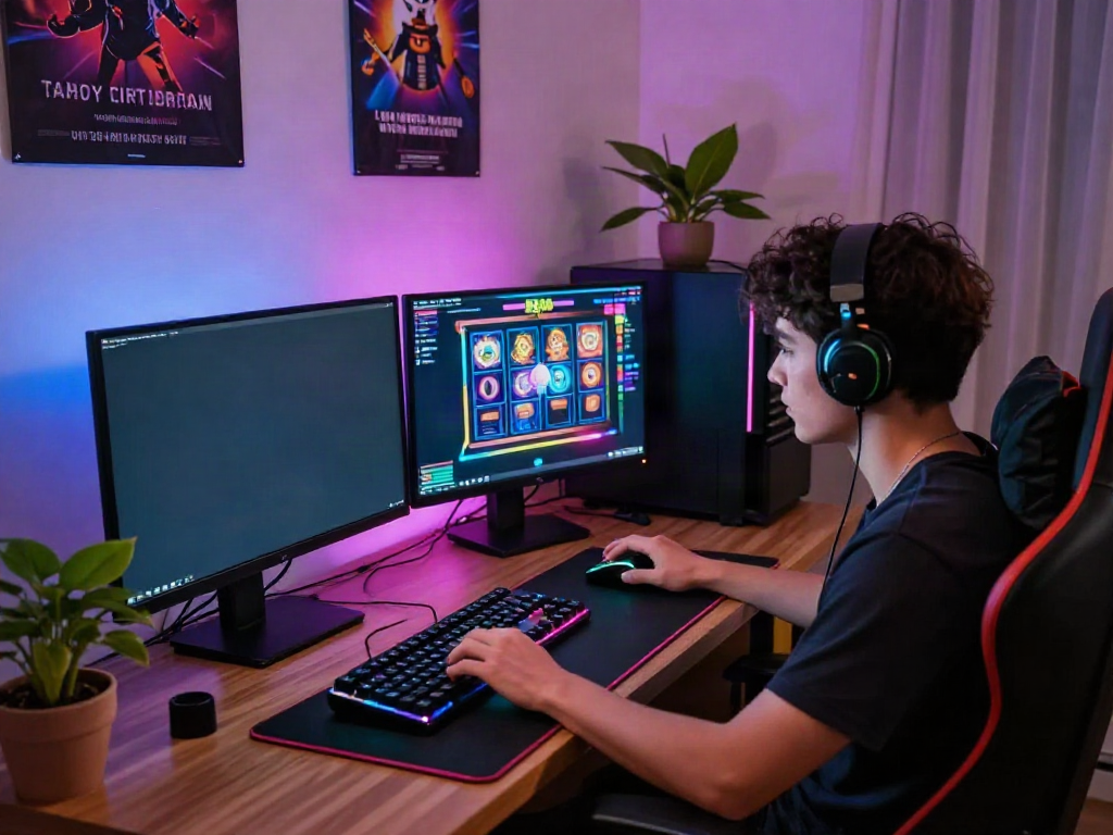 JPTOTO pemain dalam ruangan nyaman sedang bermain mesin slot online dengan fokus tinggi.