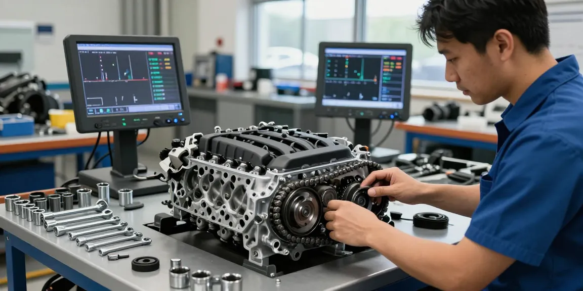 Professioneller Mechaniker, der die BMW Steuerkette wechselt und hochwertige Werkzeuge in der Werkstatt verwendet.