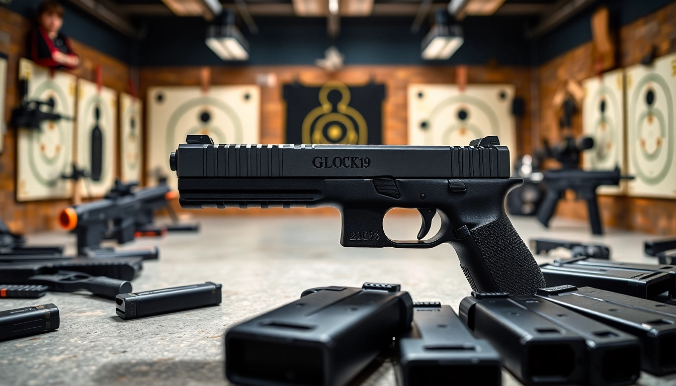 Showcasing a glock 19 slide mos in a detailed, dynamic shooting range setting.