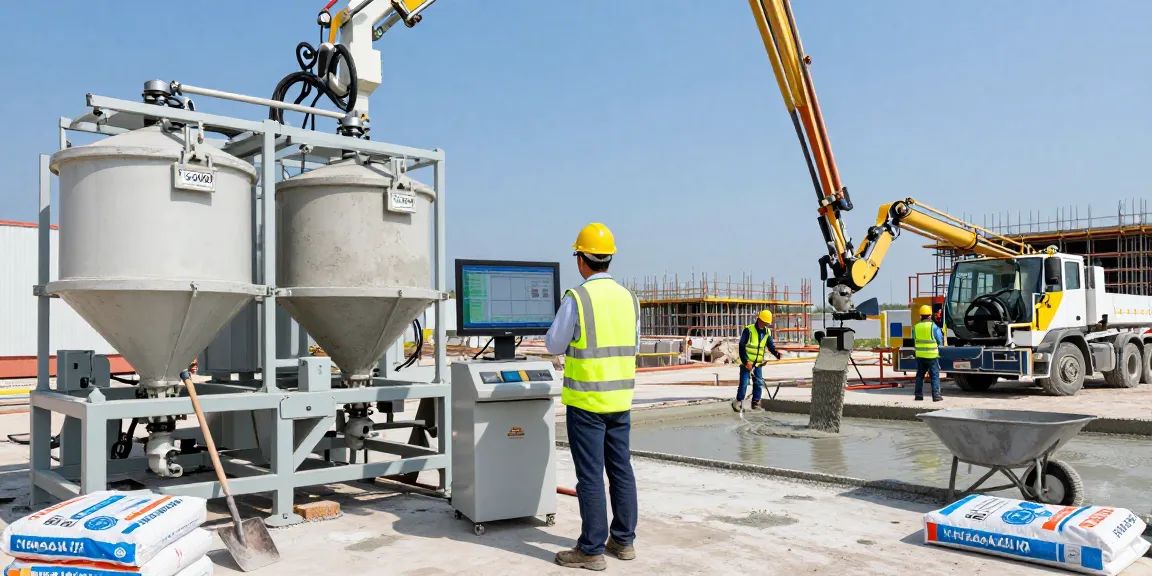 Engineer inspecting NAGA2000 concrete technology at modern mixing plant, showcasing innovation and teamwork.