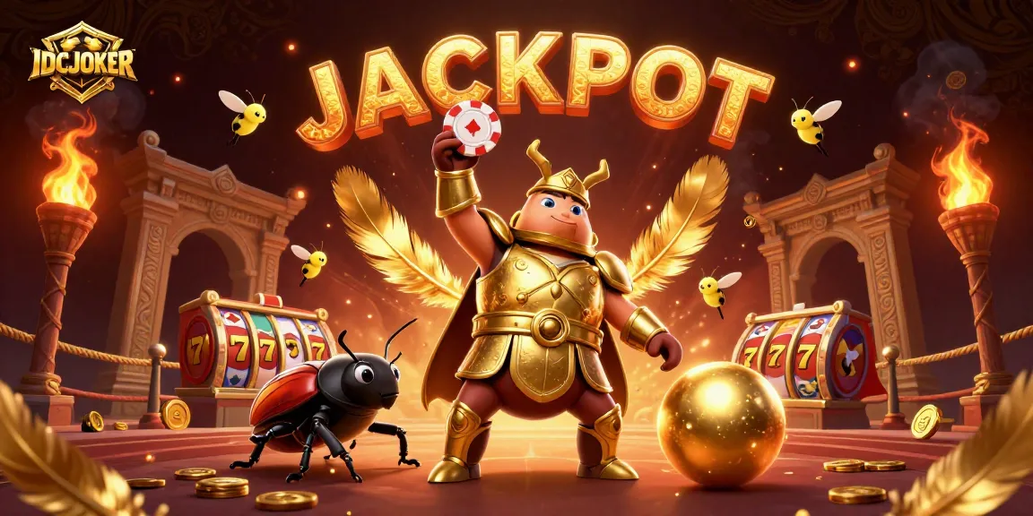 IDCJOKER features a triumphant Hercules beetle with poker chip amidst vibrant slot reels and golden elements.