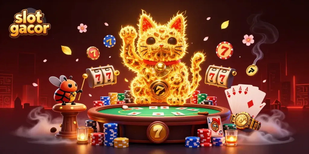 Slot gacor menarik perhatian dengan desain unik kucing keberuntungan di atas meja poker.