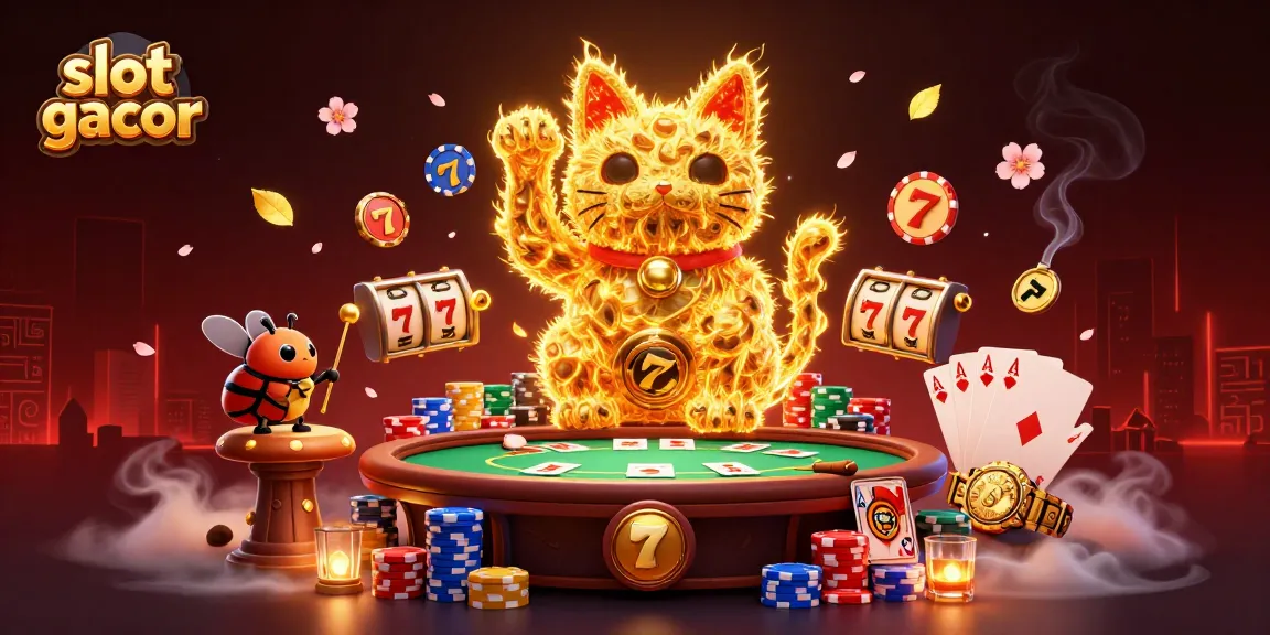 Slot gacor menarik perhatian dengan desain unik kucing keberuntungan di atas meja poker.