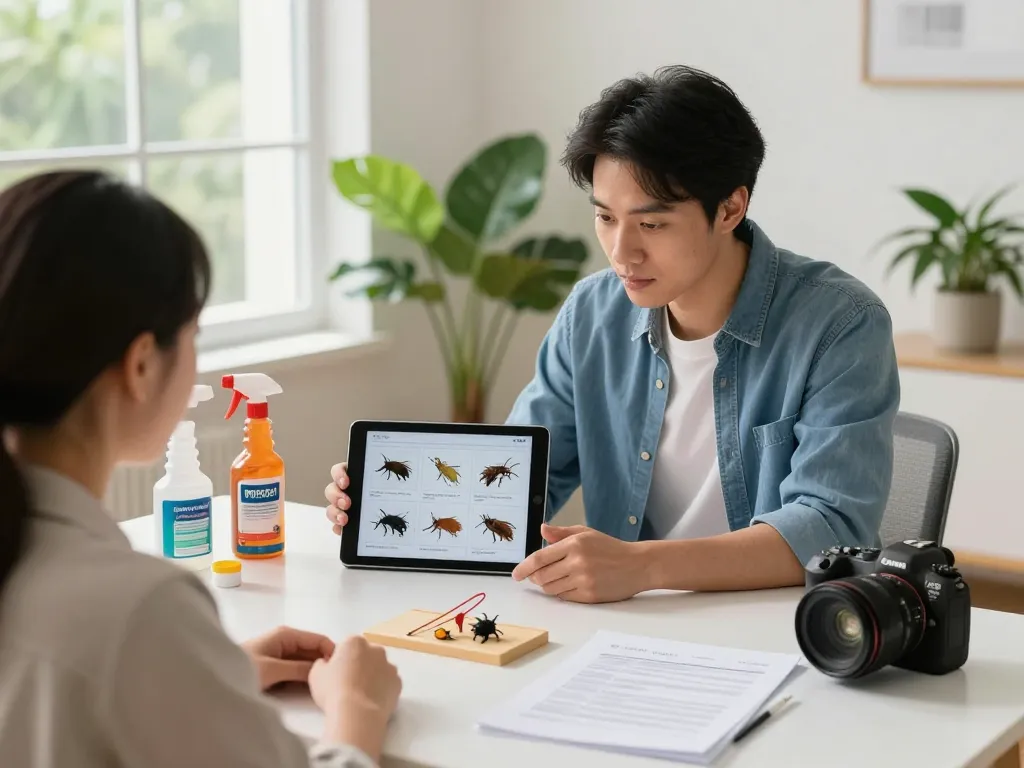 Professional pest control guide consultation with technician and homeowner in bright home office.