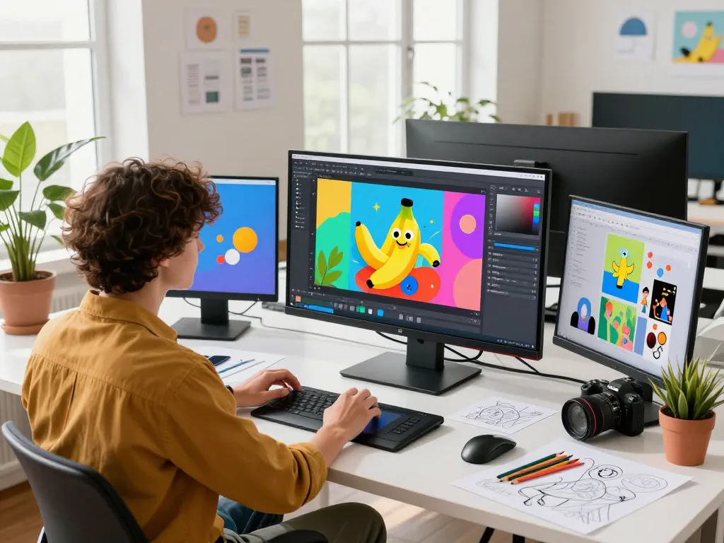 Digital artist using nano banana pro for innovative image creation in a modern tech workspace.