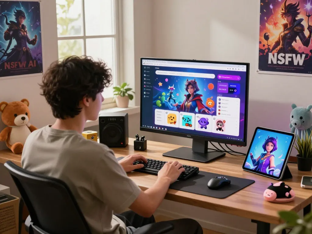Interactive experience with nsfw ai in a cozy home office, showcasing vibrant chat interface and animated characters.