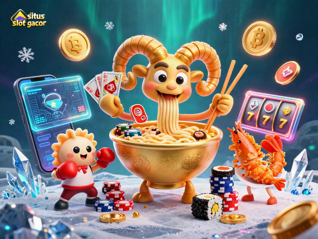Engage with situs slot gacor through a vibrant 3D depiction of a fun casino scene featuring animated food characters.