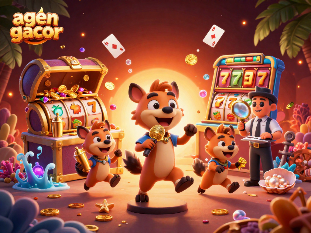 Experience fun at agen gacor with lively hyena characters running a vibrant casino scene.