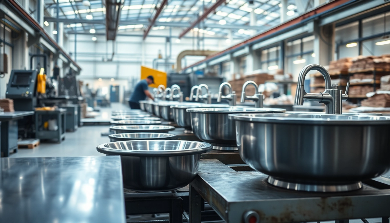 Manufacturing scene at a stainless steel basin factory emphasizing craftsmanship and machinery.
