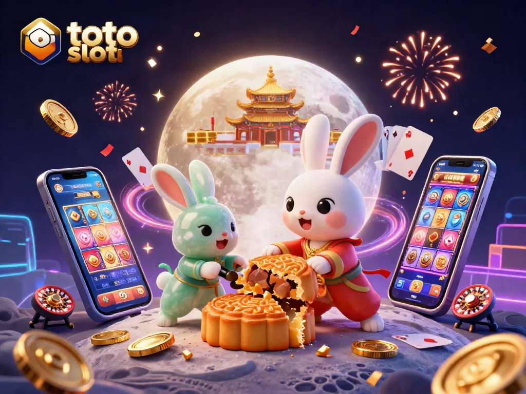 Engage with toto slot mechanics as a moon rabbit cracks open mooncakes revealing poker chips amid festive casino elements.