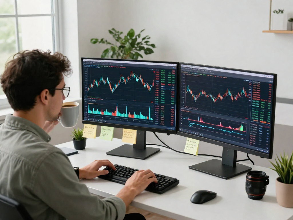 使用TradingView进行股票和外汇实时分析的投资者在现代交易工作空间中，展示多屏图表工具。