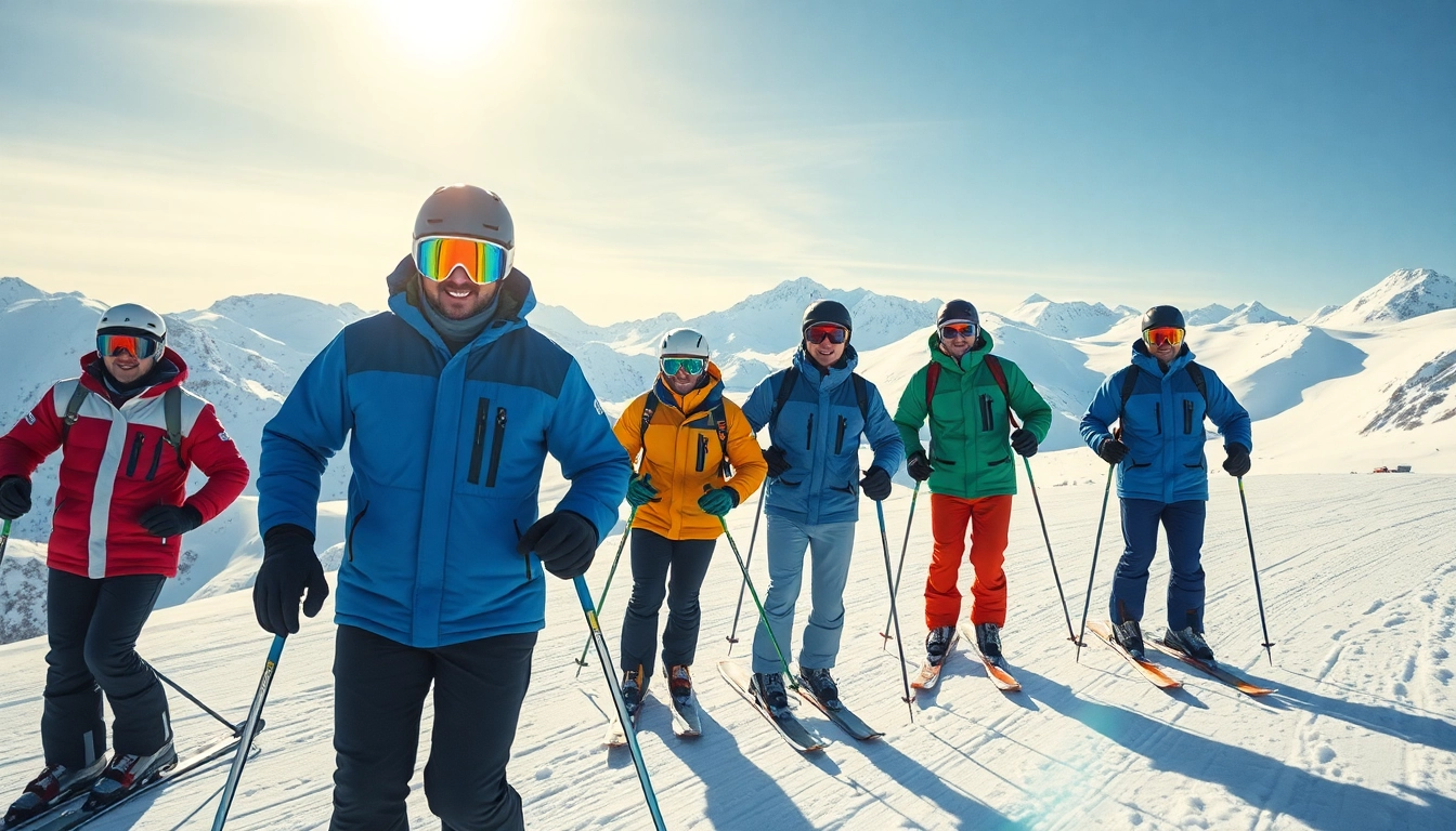 Engaging scene of men skiing in vibrant mens ski apparel on a snow-covered mountain.