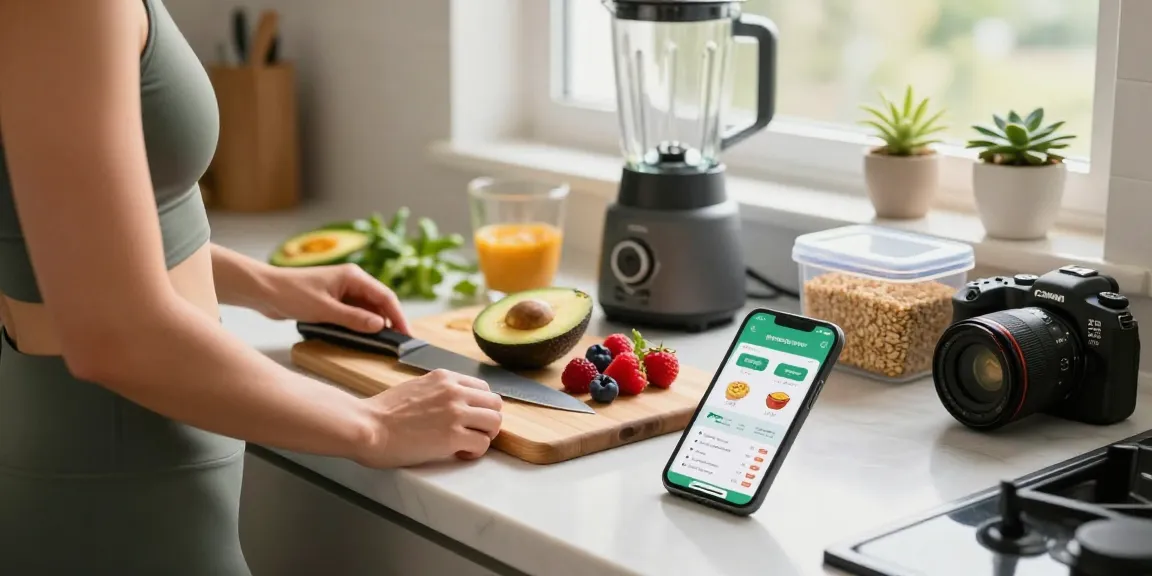 Preparing a healthy breakfast with the best nutrition tracking app displayed on a smartphone in a bright kitchen.