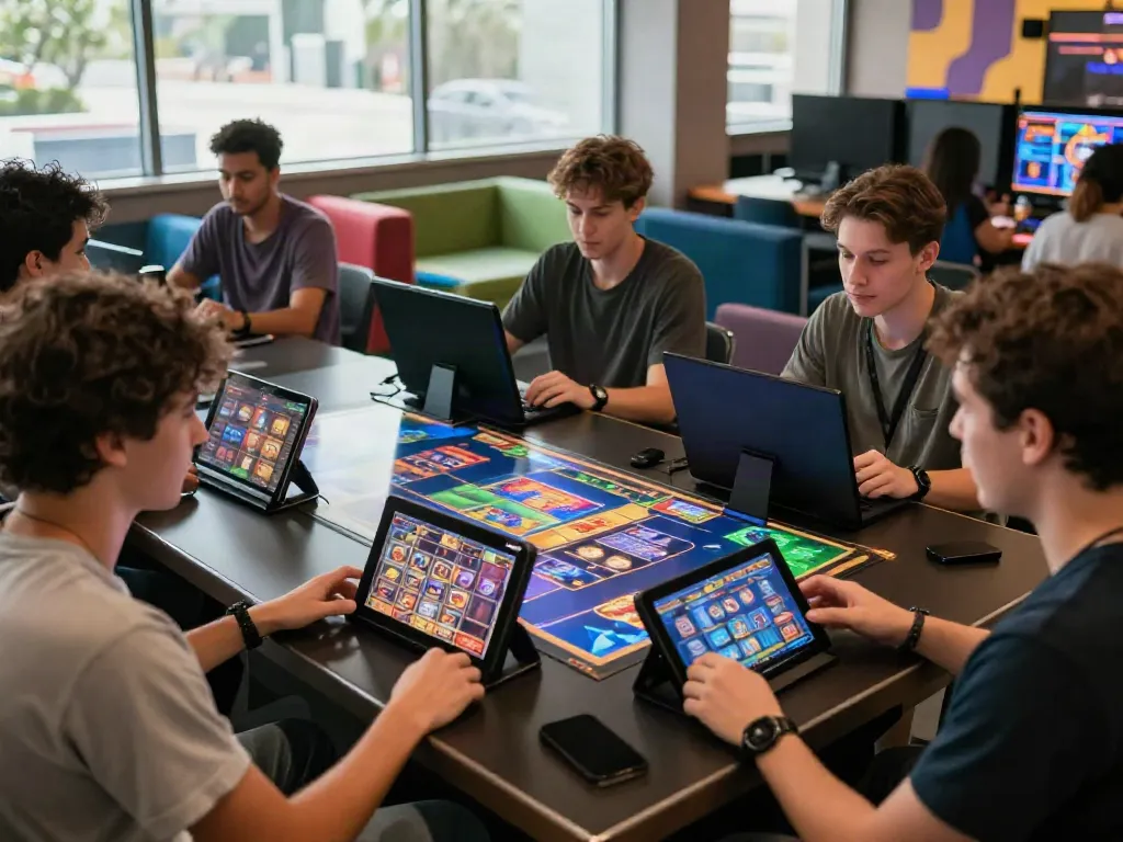Players enjoying slot88 games in an interactive gaming lounge filled with excitement and vibrant visuals.